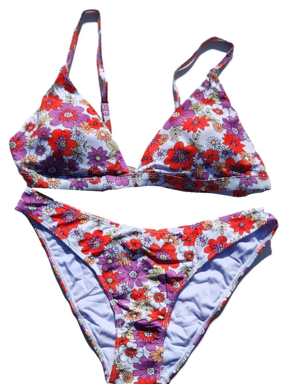 Women's Triangle Low Waisted Two Peice Bikini Swimsuit - Orange Flower - Size L
